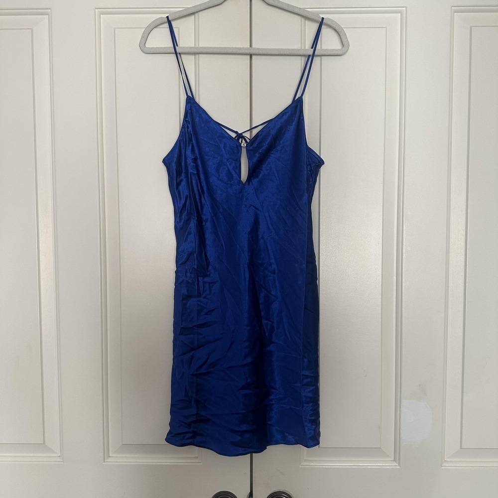 Vintage 90's Blue‎ Satin Chemise Gown Medium V Neck Rhinestone Nightie Sleepwear